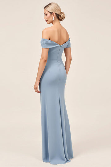 Dusty Blue Ruched Off The Shoulder Chiffon Sheath Long Bridesmaid Dress with Slit